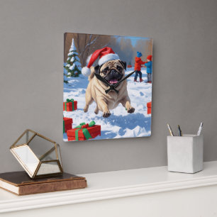 Mops springandes i snö med julhatt fyrkantig klocka