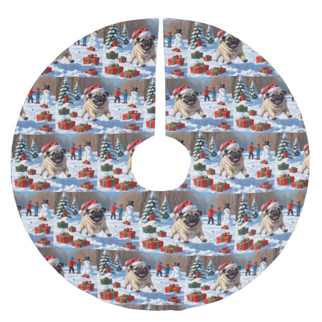 Mops springandes i snö med julhatt julgransmatta borstad polyester (Framsidan)
