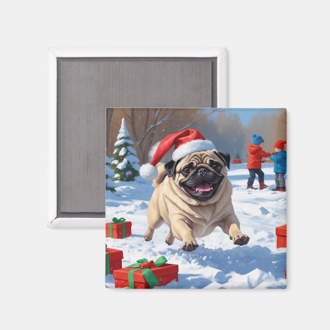 Mops springandes i snö med julhatt magnet (Front/Back)