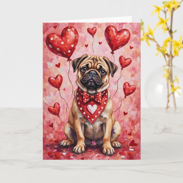 Mops Valentindagen Hund med Hjärtan Röd Kort (Gul blomma)