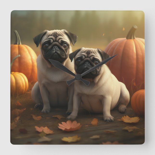 Mops Valp Höstglädje Pumpa Fyrkantig Klocka (Framsida)