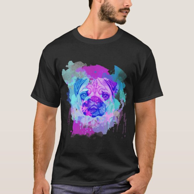 Mops Vattenfärg, Konstnärlig Mops, Färgrik Mops, M T Shirt (Framsida)