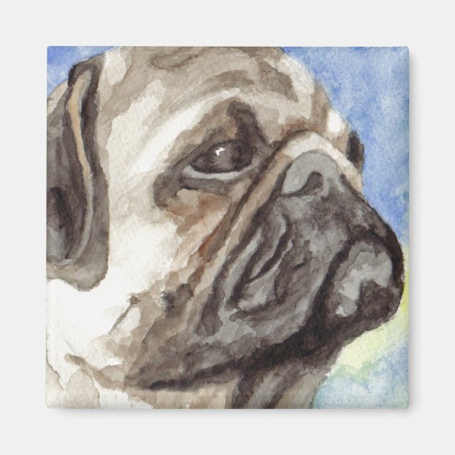 Mops vattenfärgporträtt magnet (Framsidan)