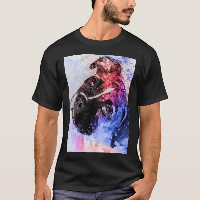 Mops Vattenfärgporträtt T Shirt (Framsida)