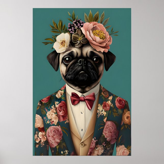 Mopsdräkt Affisch, Mops Porträtt, Mops Olja Poster (Framsidan)