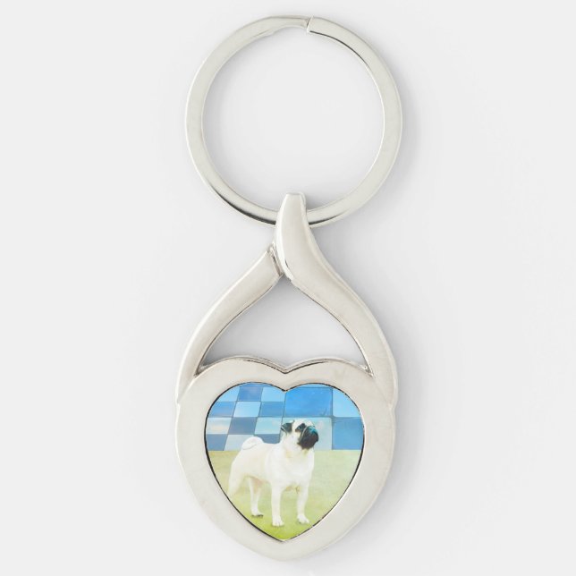 Mopshunden Keychain, mopsgåva, älskar jag mops, Twisted Heart Silverfärgad Nyckelring (Framsidan)