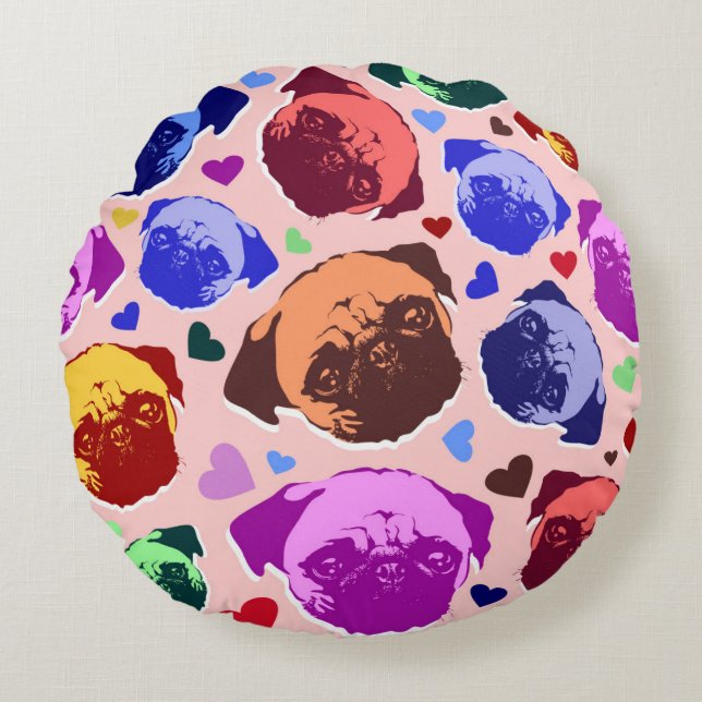 Mopsvalp Hund PopArt Retro Stil Rund Kudde (Framsidan)