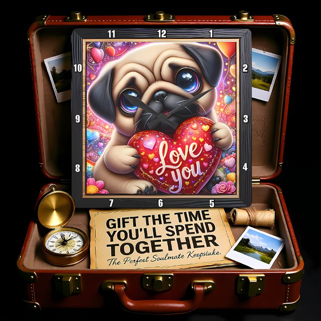 Mopsvalp kärlek dig hjärta fyrkantig klocka (Skapare uppladdad)