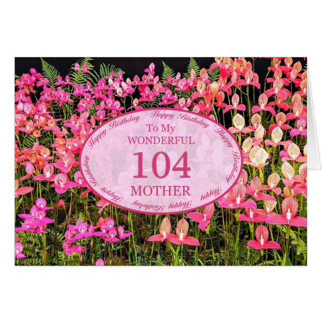 Mor 104:e födelsedagen med rosa blommor hälsningskort (Framsidan Horizontal)