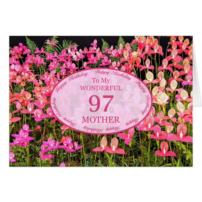 Mor 97:e födelsedagen med rosa blommor hälsningskort (Framsidan Horizontal)