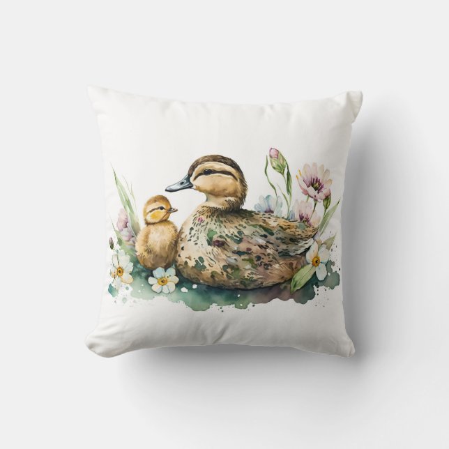Mor Anka och Duckling Watercolor Kudde (Framsida)