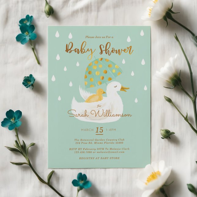Mor & Baby Gult Ducky Parbrella Mint Grönt Inbjudningar (Mother & Baby Yellow Ducky Umbrella Mint Green Invitation)