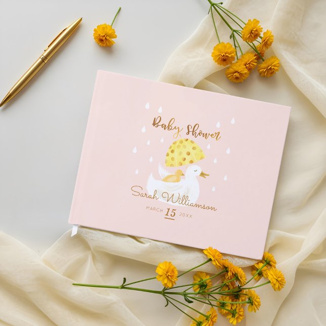 Mor & Baby Gult Ducky Parbrella  Rosa Gästböcker (Mother & Baby Yellow Ducky Umbrella Blush Pink Guest Book)
