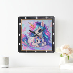 Mor Baby Unicorn Rainbow Fyrkantig Klocka
