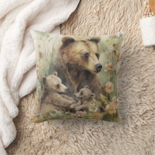 Mor Bear Unge Rosa Flowers Nature Painting Kudde