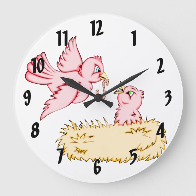 Mor Bird Matande Baby Bird Stor Klocka (Framsida)