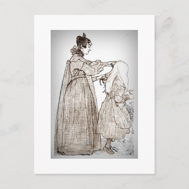 Mor borstar hennes dotters hår vykort (Framsida)