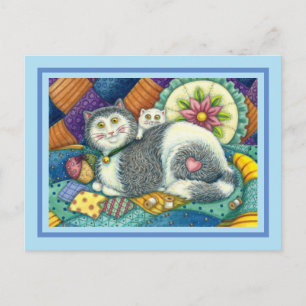 MOR CAT & KITTEN, PATCHWORK QUILTS, PINCUSHION HELG VYKORT