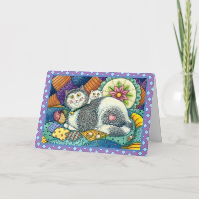 MOR CAT & KITTEN, PATCHWORK QUILTS, PINCUSHION HELGKORT (Framsida)