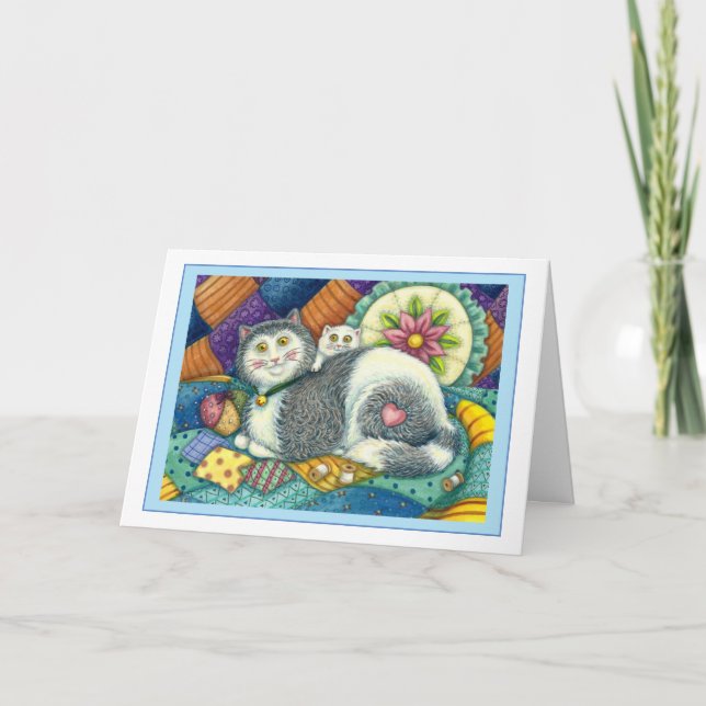 MOR CAT & KITTEN, PATCHWORK QUILTS, PINCUSHION HELGKORT (Framsida)