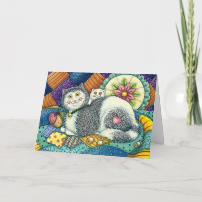 MOR CAT & KITTEN, PATCHWORK QUILTS, PINCUSHION KORT (Framsida)