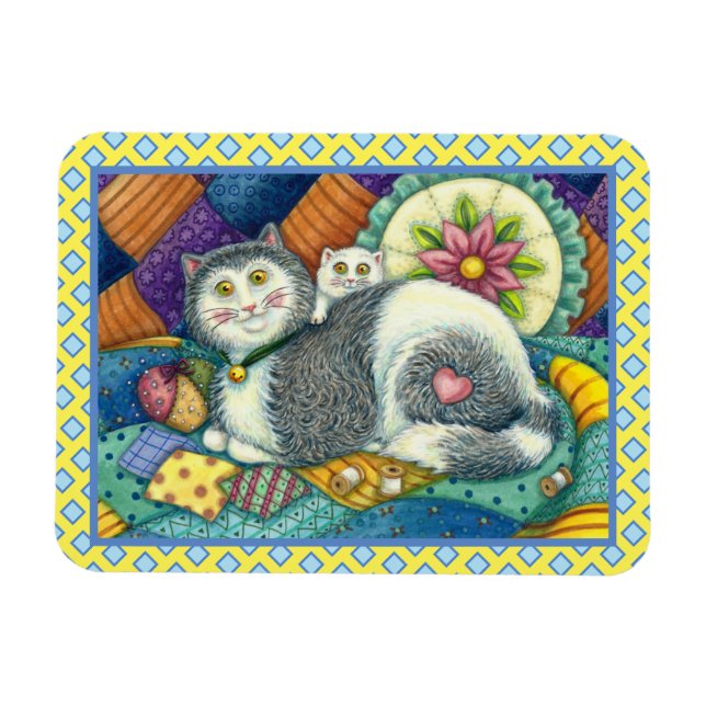 MOR CAT & KITTEN, PATCHWORK QUILTS, PINCUSHION MAGNET (Horisontell)