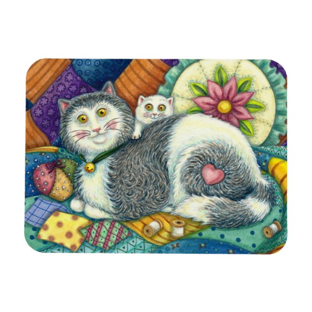 MOR CAT & KITTEN, PATCHWORK QUILTS, PINCUSHION MAGNET (Horisontell)