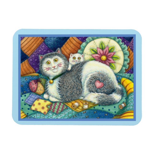 MOR CAT & KITTEN, PATCHWORK QUILTS, PINCUSHION MAGNET (Horisontell)