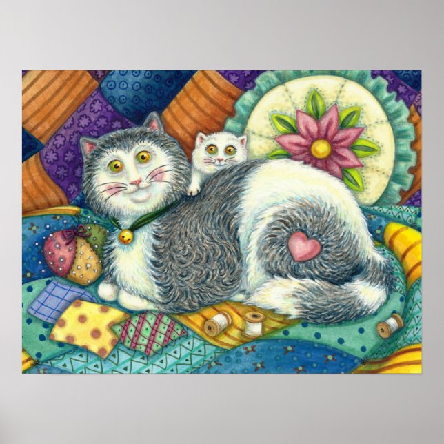 MOR CAT & KITTEN, PATCHWORK QUILTS, PINCUSHION POSTER (Framsidan)