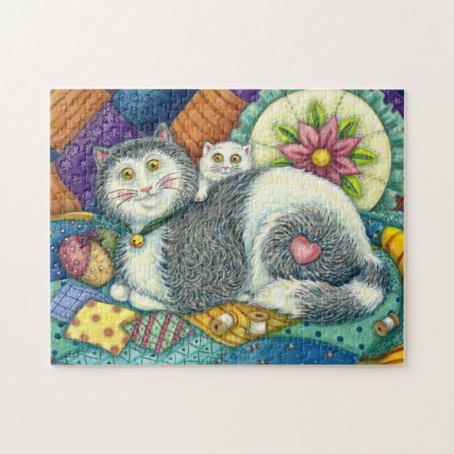 MOR CAT & KITTEN, PATCHWORK QUILTS, PINCUSHION PUSSEL (Horisontell)