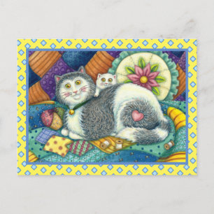 MOR CAT & KITTEN, PATCHWORK QUILTS, PINCUSHION VYKORT