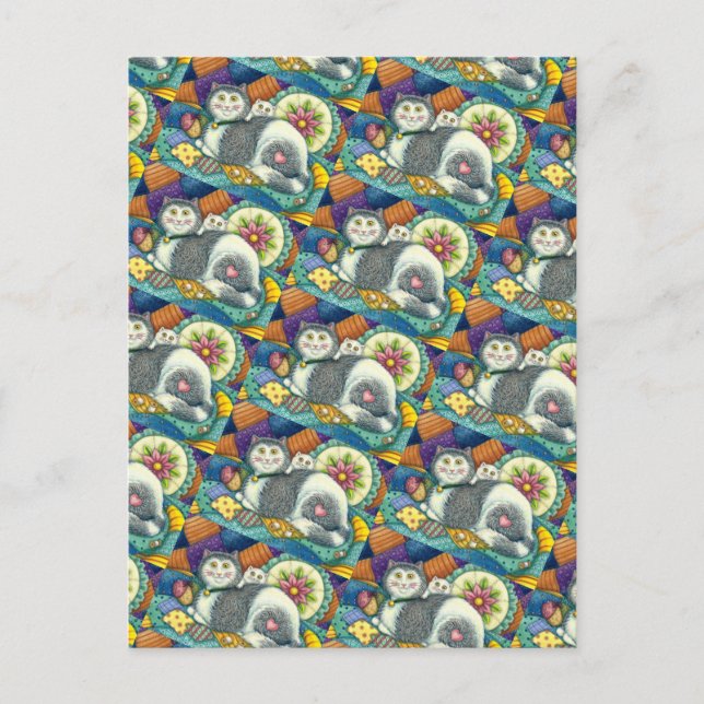 MOR CAT & KITTEN, PATCHWORK QUILTS, PINCUSHION VYKORT (Framsida)