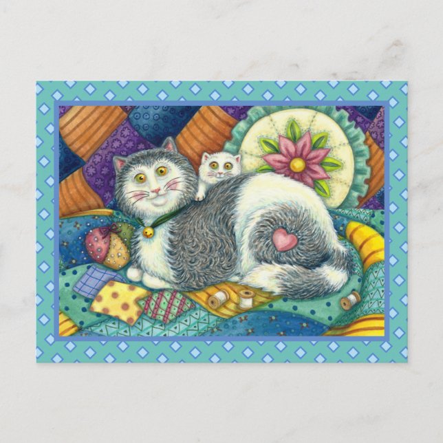 MOR CAT & KITTEN, PATCHWORK QUILTS, PINCUSHION VYKORT (Framsida)