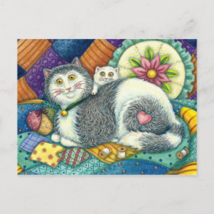 MOR CAT & KITTEN, PATCHWORK QUILTS, PINCUSHION VYKORT