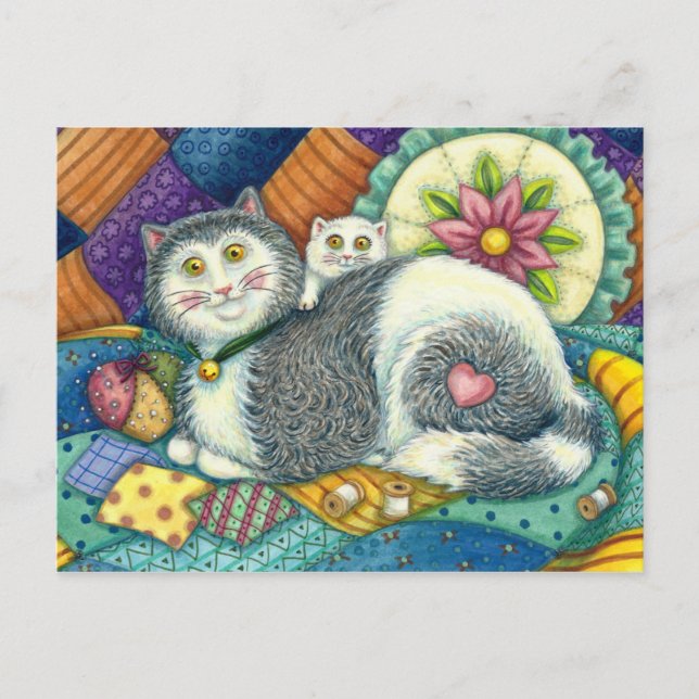 MOR CAT & KITTEN, PATCHWORK QUILTS, PINCUSHION VYKORT (Framsida)
