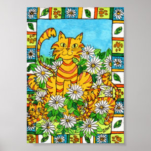Mor Cat & Kittens i Daisy Patch Mini Folk Art Poster