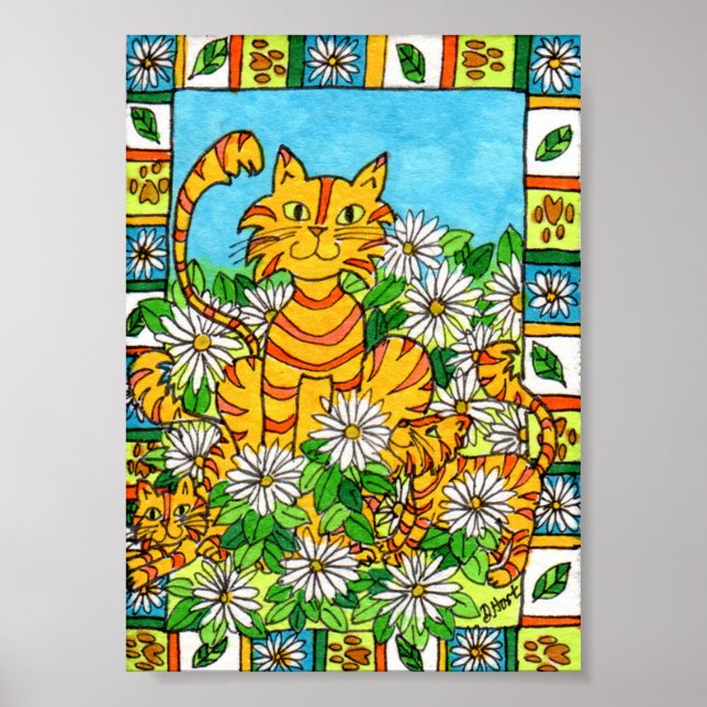 Mor Cat & Kittens i Daisy Patch Mini Folk Art Poster (Framsidan)