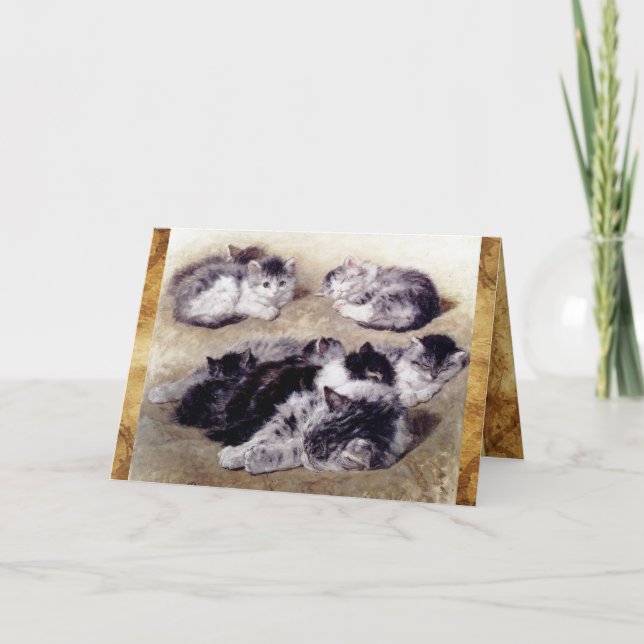 MOR CAT MED KITTENS Parchment Monogram Anteckningskort (Framsida)