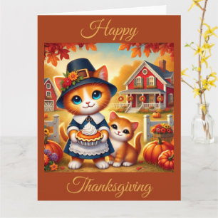 Mor Cat och Kitten Enjoy Thanksgiving Kort