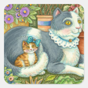 MOR CAT OCH KITTEN, POTTERADE BLOMMOR, BOWS & SNÖR FYRKANTIGT KLISTERMÄRKE
