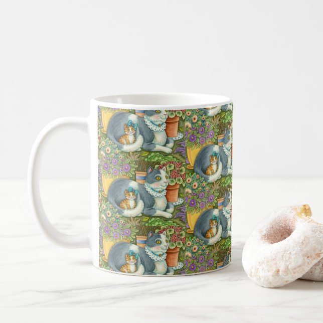MOR CAT OCH KITTEN, POTTERADE BLOMMOR, BOWS & SNÖR KAFFEMUGG (Med munk)