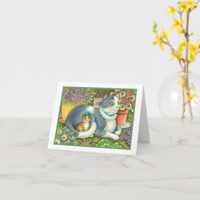 MOR CAT OCH KITTEN, POTTERADE BLOMMOR, BOWS & SNÖR KORT (Gul blomma)