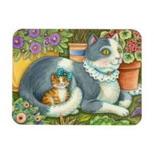 MOR CAT OCH KITTEN, POTTERADE BLOMMOR, BOWS & SNÖR MAGNET