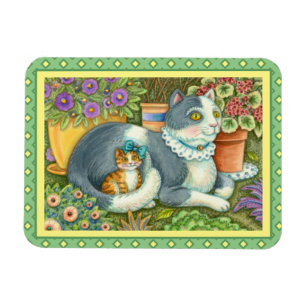 MOR CAT OCH KITTEN, POTTERADE BLOMMOR, BOWS & SNÖR MAGNET