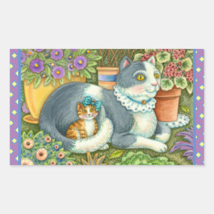 MOR CAT OCH KITTEN, POTTERADE BLOMMOR, BOWS & SNÖR REKTANGULÄRT KLISTERMÄRKE