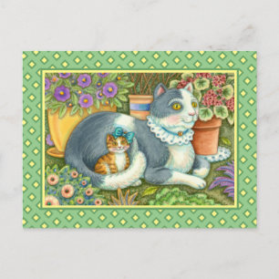 MOR CAT OCH KITTEN, POTTERADE BLOMMOR, BOWS & SNÖR VYKORT