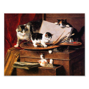 Mor Cat och Kittens på Bord Fototryck