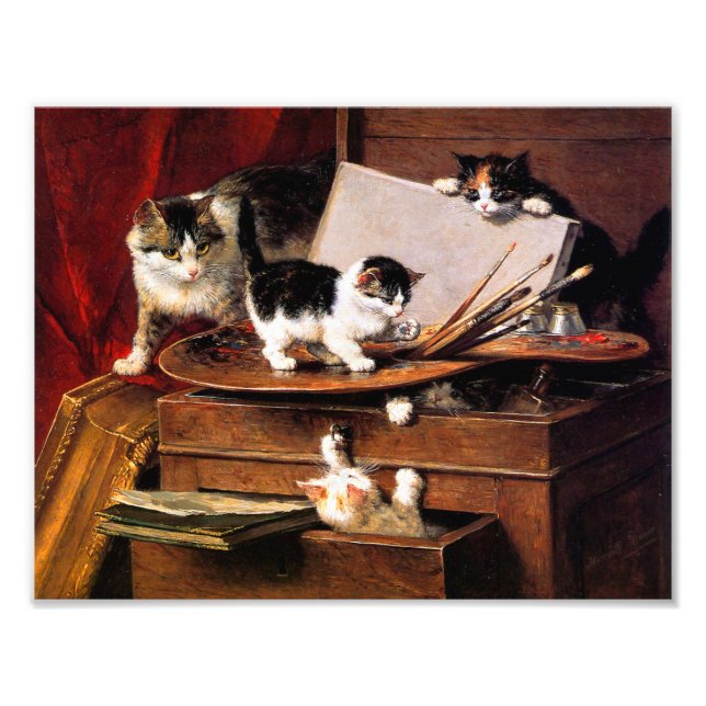 Mor Cat och Kittens på Bord Fototryck (Framsidan)