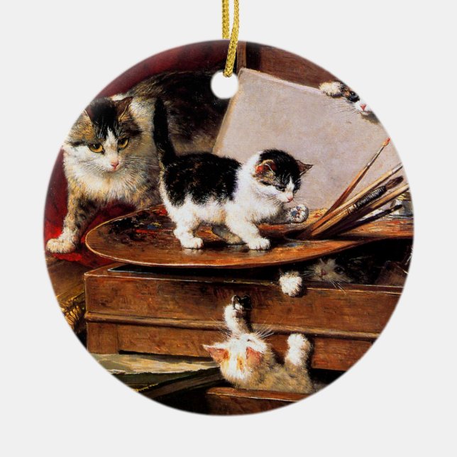 Mor Cat och Kittens på Bord Julgransprydnad Keramik (Framsidan)