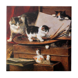 Mor Cat och Kittens på Bord Kakelplatta